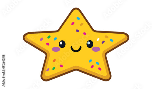 Cute cartoon yellow star cookie with sprinkles and happy face