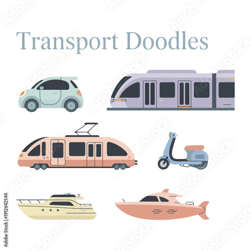 Transport Doodle: A charming collection of transport doodles, including a car, train, scooter, and boats, perfect for illustrating diverse travel and mobility concepts.