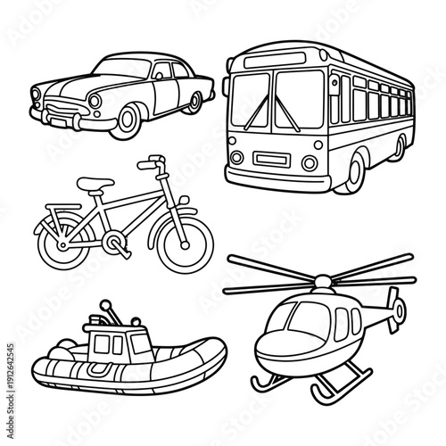 Vehicular Variety: A collection of various vehicles, including a car, bus, bicycle, boat, and helicopter, each depicted in a simple, clear illustration.