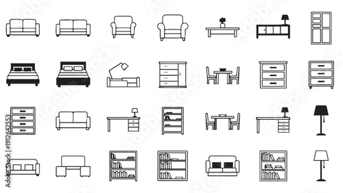 Collection of minimalist furniture icons for interior design projects.