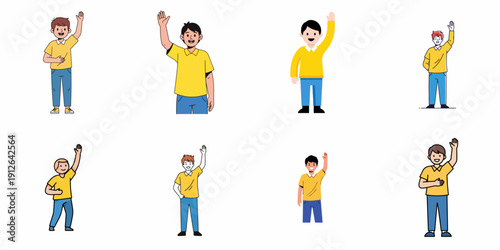 Collection of diverse male characters in yellow shirts and blue jeans raising their hands to wave, greet, or answer a question.