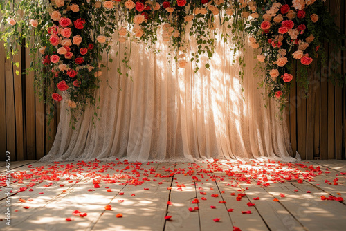 Elegant floral backdrop with hanging roses and scattered petals on wooden floor, creating a romantic and warm atmosphere.
