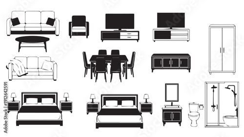 Collection of black and white vector furniture silhouettes for home interiors and furnishings.