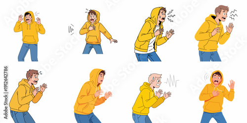 Vector set of young man experiencing fear, panic attack, anxiety, and shock expressions in different poses isolated on white background.