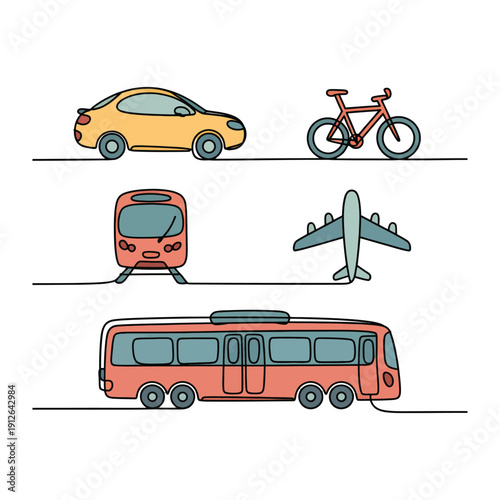 Diverse Transport: A collection of various transport vehicles, each artfully depicted, set against the backdrop of clean lines, creating a visual harmony, and showcasing a spectrum of movement modes.
