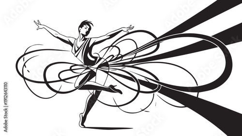 Abstract vector illustration of a dancing figure with flowing ribbons and dynamic motion.