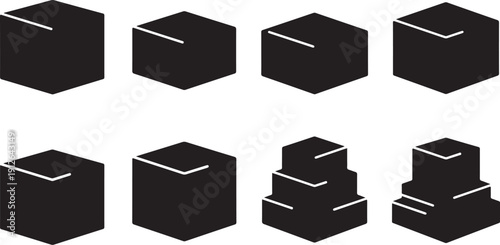 Black 3D cube shapes on white background illustration set