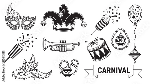 Whimsical Carnival Masks, Instruments, and Decorations Doodles.