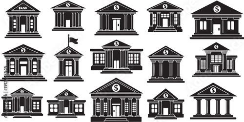Bank Building Icons Set in Black and White Color