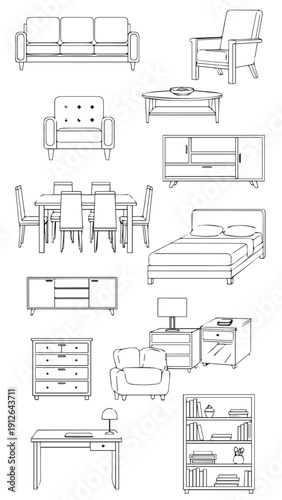 Collection of hand-drawn furniture icons including sofa, chairs, table, bed and dresser.