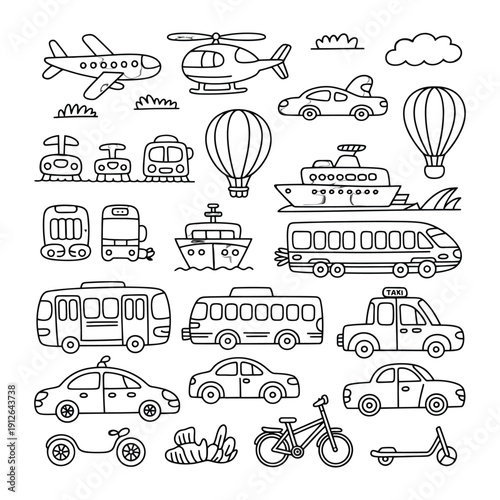 Transportation Doodles: A collection of charming hand-drawn illustrations showcasing a variety of vehicles. Capturing the simplicity and creativity of transportation forms.
