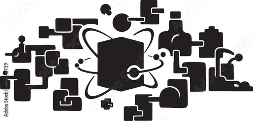 Black and white illustration of an atomic structure symbol