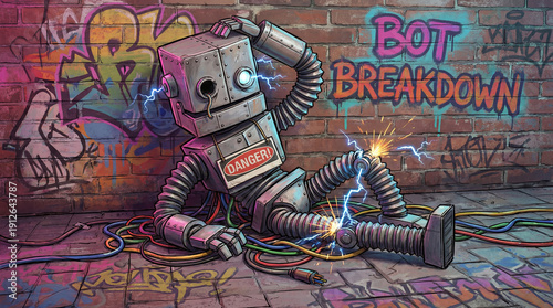 Broken robot sitting against a brick wall with colorful graffiti. Sparks flying from the damaged knee of a malfunctioning machine