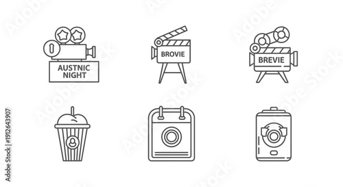 Cinematic Icons Set: Movie Camera, Clapperboard, Popcorn, Calendar, Projector