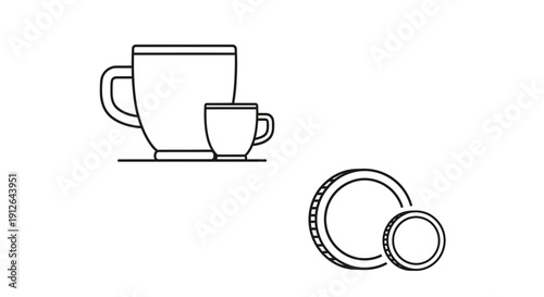 Coffee Cup Sizes and Coins Icon Set: Small and Large Mugs, Currency Symbols