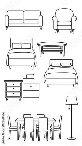 A collection of living room and bedroom furniture pieces arranged for stylish home interior.