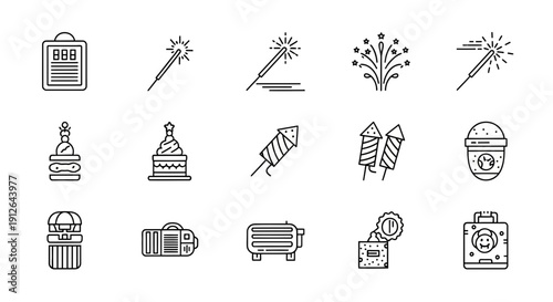 Collection of Celebration and Party Icons: Fireworks, Sparklers, Cake, Gifts, and More
