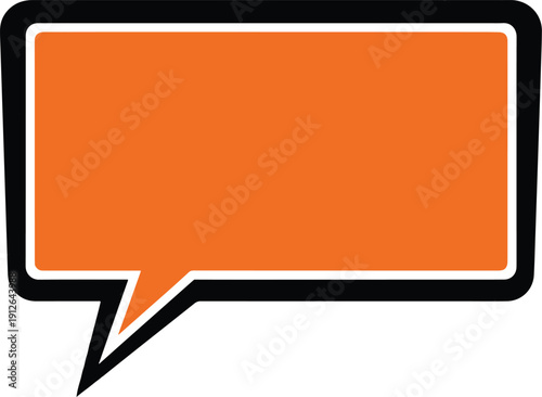 A simple orange speech bubble icon with a black outline on a white background viewed from a straightforward perspective as a graphical element