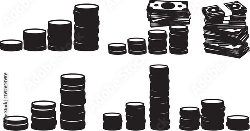 Black and white illustration of stacked coins and currency