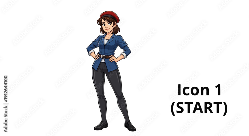 Fototapeta premium Confident Woman in Denim Jacket and Black Pants, Standing Pose, Ready for Action