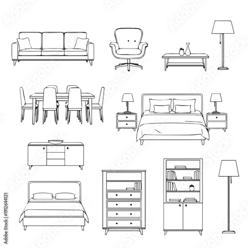Line Art Household Furniture Collection: Sofa, Chairs, Bed, Tables and Cabinets in Sketch Style.