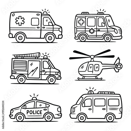 Emergency Vehicle Collection: An illustrative collection showcasing various emergency vehicles, meticulously illustrated, ready for action and service, emphasizing safety, speed.