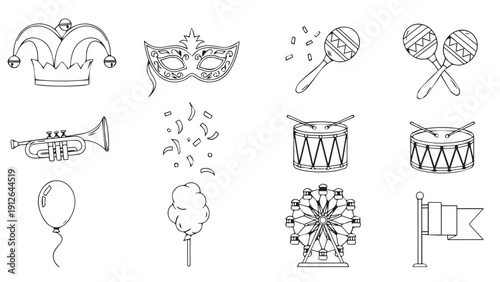 Whimsical doodle collage featuring masks, instruments, and carnival toys for leisure and playful art.