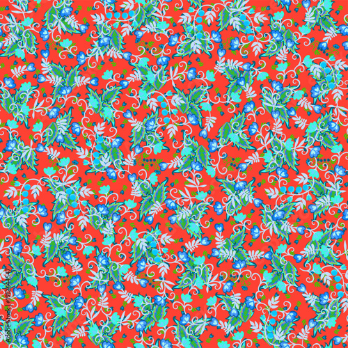 Nettle leaves and speedwell flowers folklore seamless pattern on orange-red background. Beautiful natural print for fabric in vector.