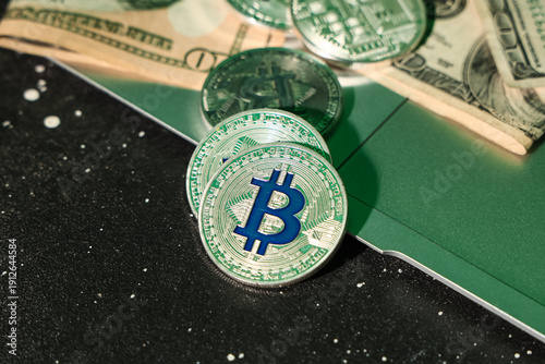 Laptop with bitcoins and do...