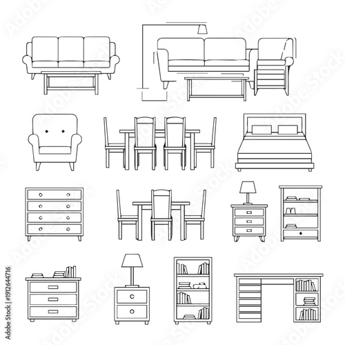 Collection of Simple Line Drawings Featuring Various Household Furniture Icons.
