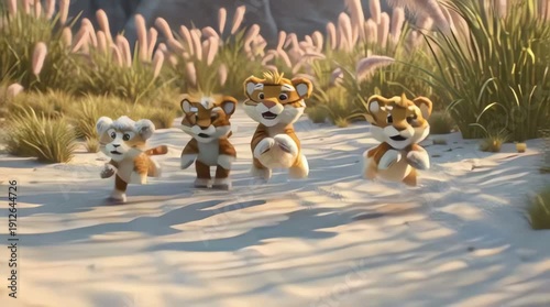 Cute Tiger Cartoon Cubs Adventure in the Pampas Grass Jungle