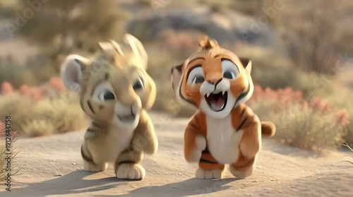 Happy baby tiger cartoon characters running and playing together