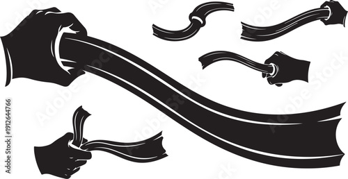 Hand holding a ribbon with flowing ends isolated on white