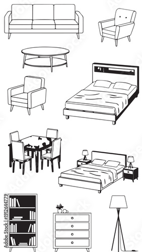 Collage of Contemporary Home Furniture Pieces for Living and Sleeping Spaces.