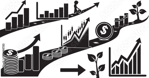 Financial Growth and Investment Concepts Illustrated in Black and White