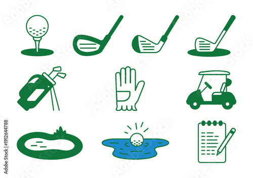 Golf icons with clubs, ball on tee, golf bag, gloves, and golf cart, sports equipment vector illustration