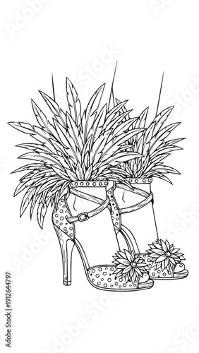 Whimsical line drawing of fashionable high-heeled sandals integrated with potted tropical plants.