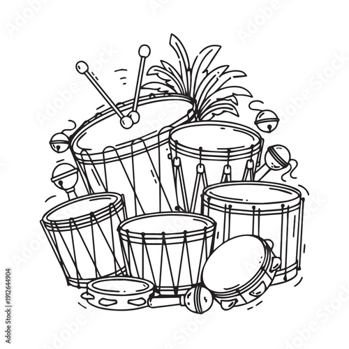 Illustrated drum set with multiple percussion drums and sticks arranged for a band performance.