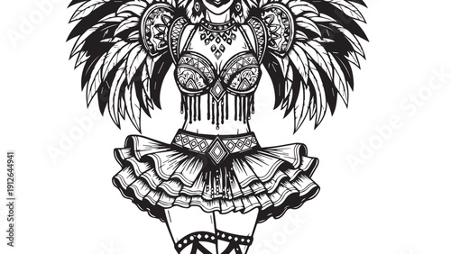 Intricate monochrome winged dancer illustration with armor and ruffled skirt.