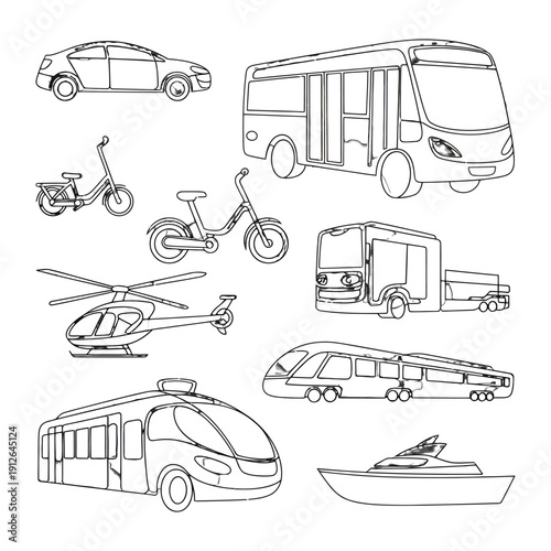 Variety of Transports: A collection of various transport modes, a car, bus, scooter, bicycle, helicopter, truck, train, and boat on display. Demonstrating mobility and conveyance.