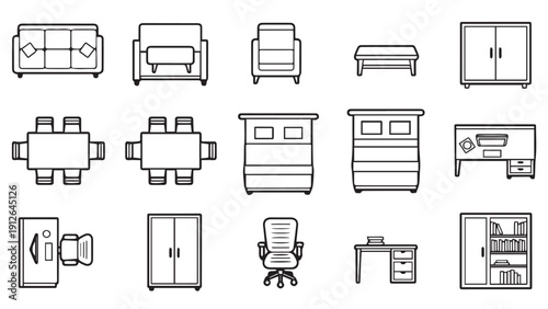 Collection of line art furniture icons featuring sofas, chairs, tables, beds and cabinets in a minimalist set.