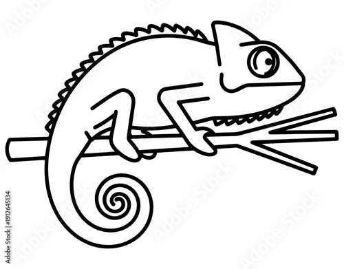 Minimalist Chameleon Line Art Illustration, Lizard Sitting on a Branch Silhouette Vector Design, Wild Reptile Concept for Nature Conservation and Wildlife Protection Projects. 