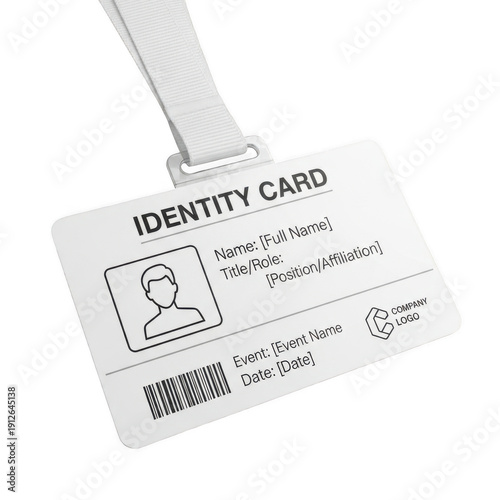 A white identity card with a lanyard and placeholder text and images.