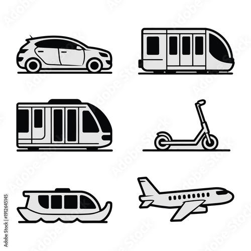 Transportation Icons: A collection of simple, elegant icons representing various modes of transportation. perfect for travel and mobility-themed design.