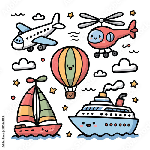 Whimsical Transport Collection: An enchanting illustration showcases a variety of transport, each adorned with friendly, cartoonish expressions, against a playful backdrop. 