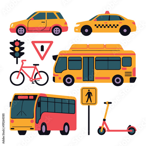 Urban Transportation Illustration: A vibrant illustration showcasing various modes of urban transport, including a car, taxi, bus, traffic signals, bicycle, scooter, and pedestrian crossing signage.