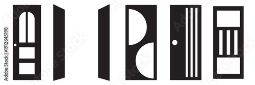 Black Door Icons in Different Open Positions. Minimal black door icons showing different opening positions, symbolizing choices, opportunities, and transitions in business or life concepts.

