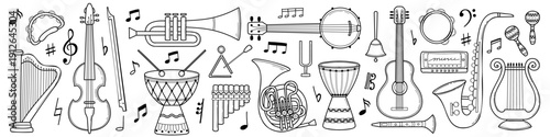 Doodle outline musical instruments set. Harp, saxophone, trumpet, drum, flute, French horn, violin, tambourine. Musical school concept. Hand drawn vector illustration. Isolated design elements