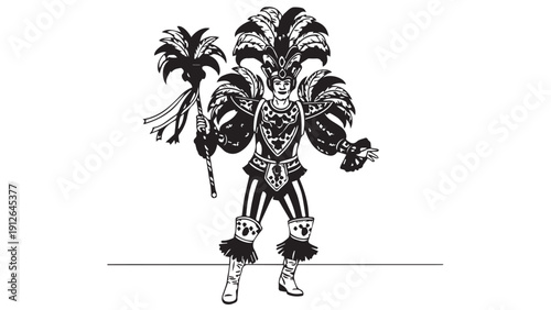 Illustrated tribal dancer in bold armour with palm trees backdrop.