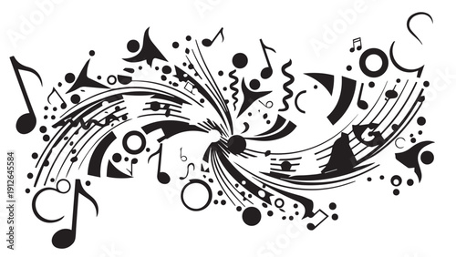 Abstract musical swirl design with flowing notes and curls.